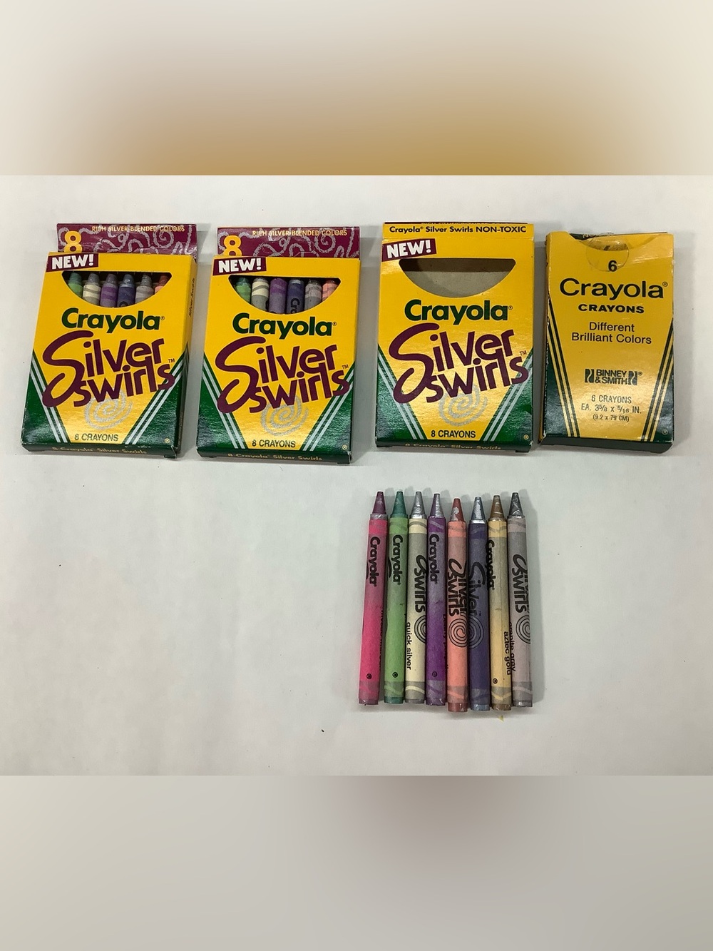 3 Vintage 1990 Crayola Silver Swirls Crayons NEW RARE 1 set used primary color